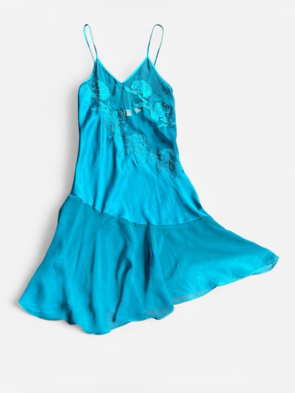 Vtg Victoria’s Secret Turquoise Fairy Slip Dress with Floral Embroidery